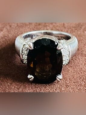 Judith Ripka Silver/Oval Smoky Quartz Ring/ Cocktail Size Stone/ Size 6 1/2 - 7